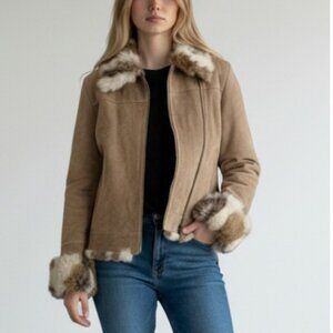 NEW St. John's Bay Suede Leather Fur Trim Zip Cuff Moto Bomber Jacket Women's M
